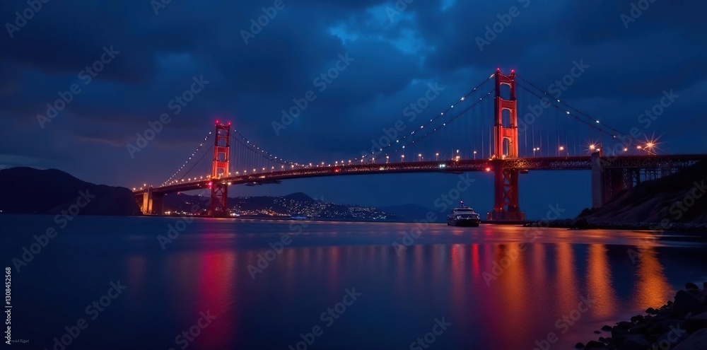 Fototapeta premium Illuminated bridge spanning bay at night, dramatic sky, bridge, structure