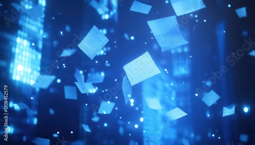 Data Streams Dance In A Digital Twilight, A Mesmerizing Blue Cascade Of Information Flowing Through The Networks Core