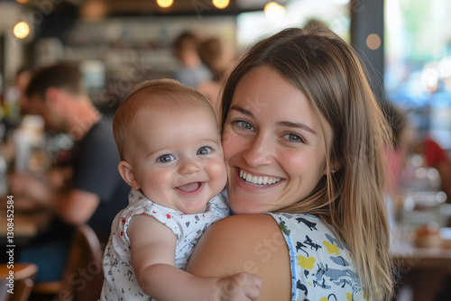 woman is holding a baby and smiling. The baby is smiling back at her. The scene is set in a restaurant, with several other people visible in the background