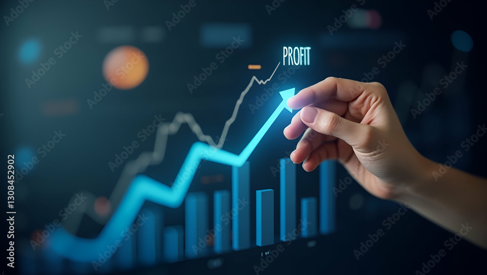 Flat Financial Analysis: Hand Holding a Glowing Line Graph for Modern Profit Trends Insights Flat Financial Analysis: Hand Holding a Glowing Line Graph for Modern Profit Trends Insights