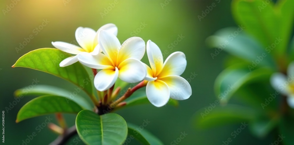 Obraz premium Magnificent Frangipani tree, fragrant white flowers , garden, closeup