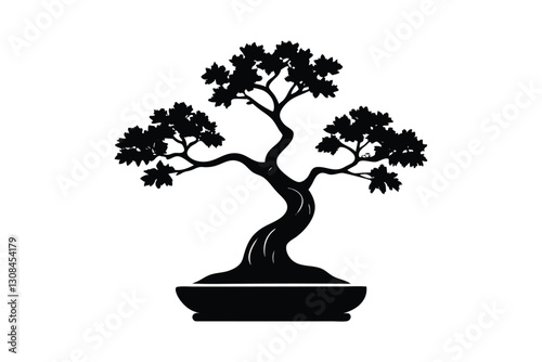 Silhouette art illustration of a bonsai tree standing on a small flat base.eps