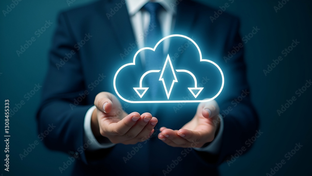 Flat Cloud technology illustrated by a glowing cloud icon with download and upload arrows being handled by a business professional. concept as Depiction of a glowing cloud icon with download and uploa Flat Cloud technology illustrated by a glowing cloud icon with download and upload arrows being handled by a business professional. concept as Depiction of a glowing cloud icon with download and uploa