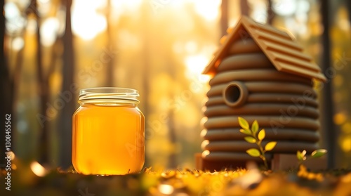 Jar of Honey Near Beehive in Golden Autumn Forest Light photo