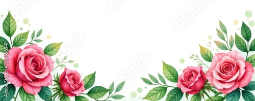 Greenery border with watercolor painted roses and leaves , botanical, wedding cards