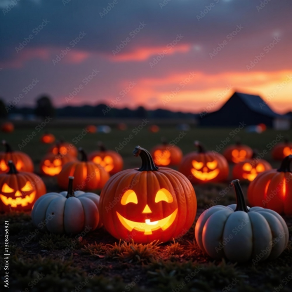 Illuminated pumpkins, soft dusk light, farm setting, rustic, jack-o'-lantern Illuminated pumpkins, soft dusk light, farm setting, rustic, jack-o'-lantern