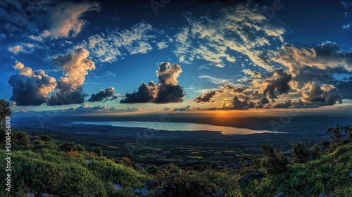Breathtaking Elevation View of Galilee: Scenic Panorama from Mount of Beatitudes with Sky and Lake Reflections