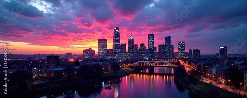 Manchester skyline, twilight hues, urban panorama, light, cityscape, drone