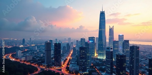 Modern skyscrapers, glass facades, city skyline, kfad, panorama