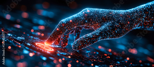 A robot hand points towards a holographic display showcasing cyber security symbols. The intersection of Artificial Intelligence, cyber security, and global communication technology. Generative AI.