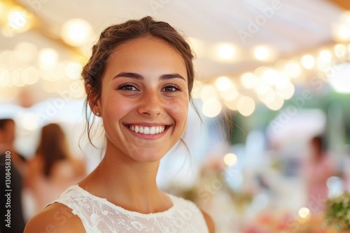 Joyful Bride Collaborating with Wedding Planner in Elegant Marquee Reception Setting