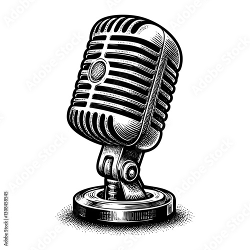 Classic microphone sketch engraving black and white outline. Scratch board imitation.
