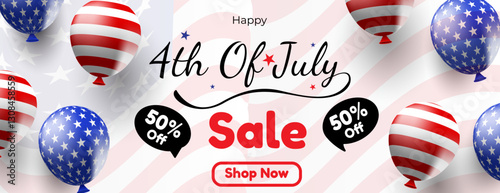 4th of july sale banner design with 3d balloons on american flag background