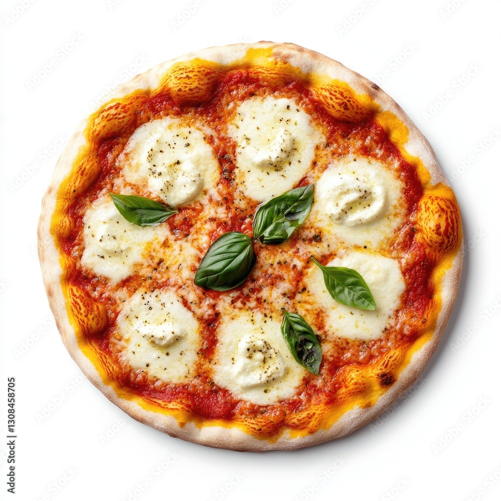 Top View of Delicious Margarita Pizza on White Background, Featuring Mozzarella and Fresh Ingredients Top View of Delicious Margarita Pizza on White Background, Featuring Mozzarella and Fresh Ingredients