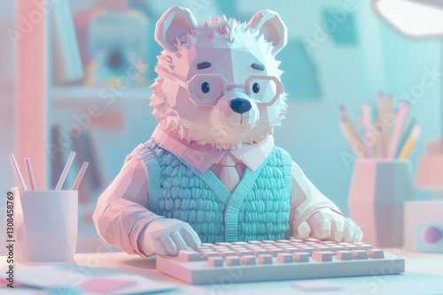 A low-poly bear wearing glasses types on a keyboard in a pastel-colored office. photo