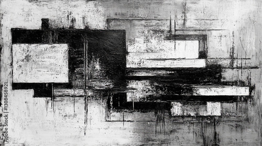 Fototapeta premium A striking monochrome abstract composition with layered patterns, rough textures, and bold brushwork for a dramatic visual effect