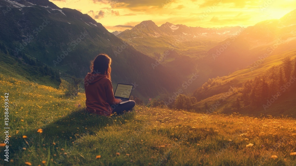 Fototapeta premium Young woman freelancer traveler working online using laptop and enjoying the beautiful nature landscape with mountain view at sunrise