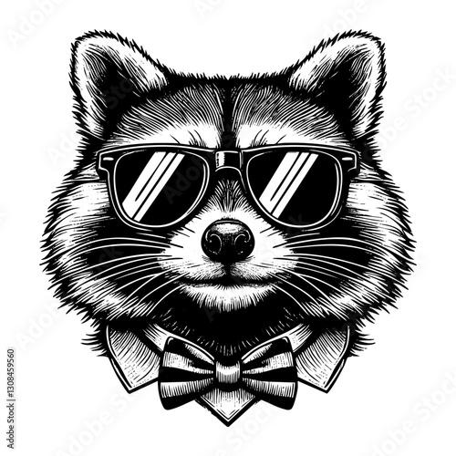 Raccoon wears sunglasses sketch engraving black and white outline. Scratch board imitation.  illustrated in vintage line art style on a white background.
