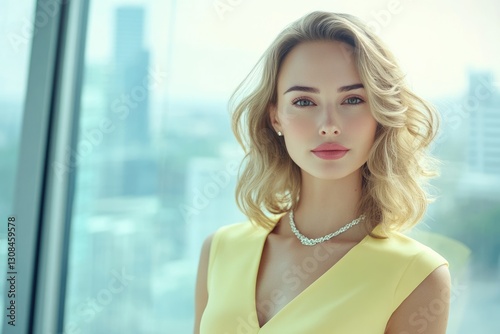Free Download Elegant blonde woman in yellow dress, posing near a window with a city view. - GFXLoad