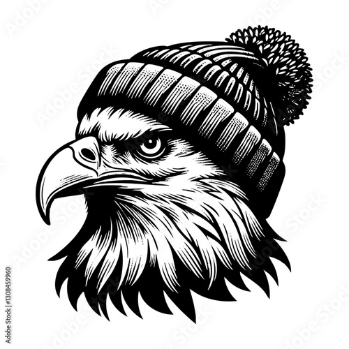 eagle wear beanie hat sketch engraving black and white outline. Scratch board imitation.
