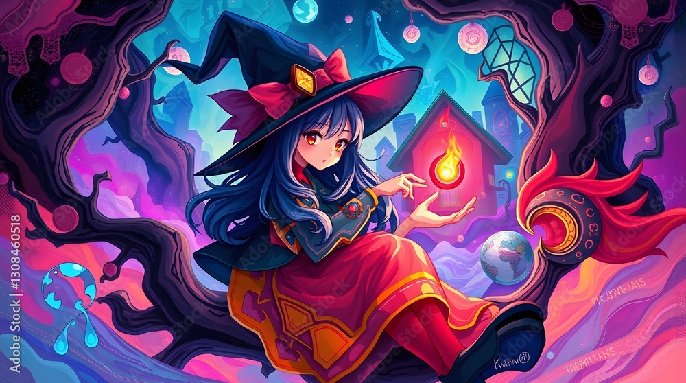 Anime Witch Casting Spell with Fireball Illustration in Fantasy Setting Anime Witch Casting Spell with Fireball Illustration in Fantasy Setting