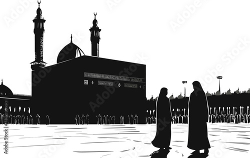 Scene of Muslims performing Hajj in the Kaaba silhouette design vector