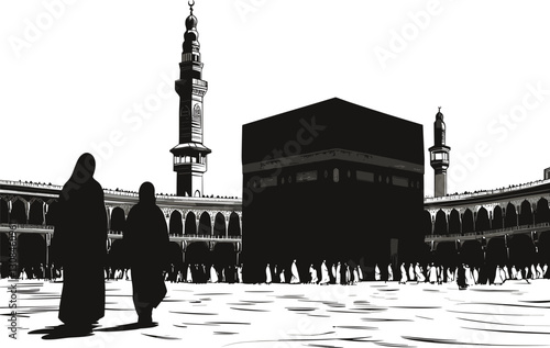 Scene of Muslims performing Hajj in the Kaaba silhouette design vector
