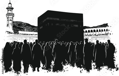Scene of Muslims performing Hajj in the Kaaba silhouette design vector