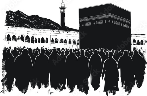 Scene of Muslims performing Hajj in the Kaaba silhouette design vector
