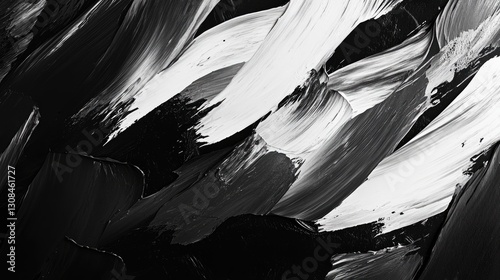 A bold abstract composition in black and white, featuring layered textures and dynamic strokes that evoke movement and energy