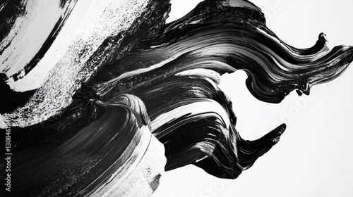 A bold abstract composition in black and white, featuring layered textures and dynamic strokes that evoke movement and energy