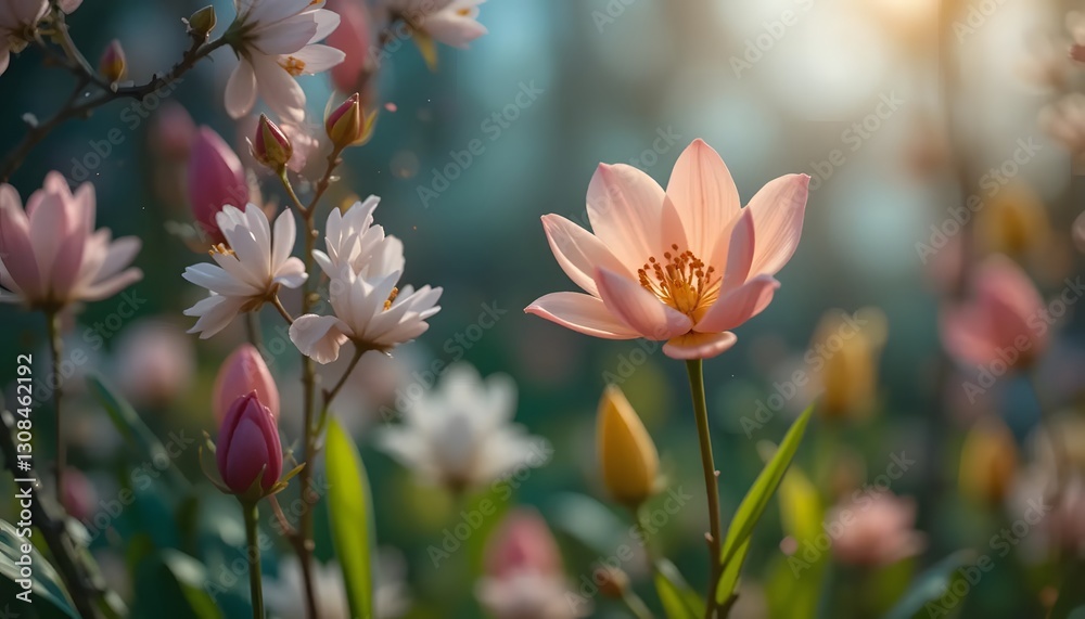 Fototapeta premium Blooming Flowers in a Dreamy Garden with Soft Sunlight and Bokeh