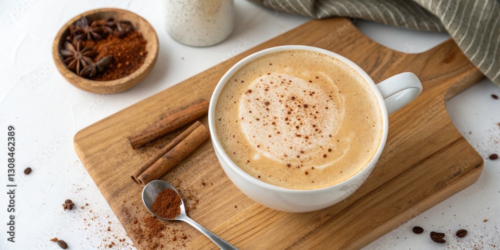 Panoramic Latte Art: Cinnamon Spiced Latte Top View on Rustic Wood Panoramic Latte Art: Cinnamon Spiced Latte Top View on Rustic Wood