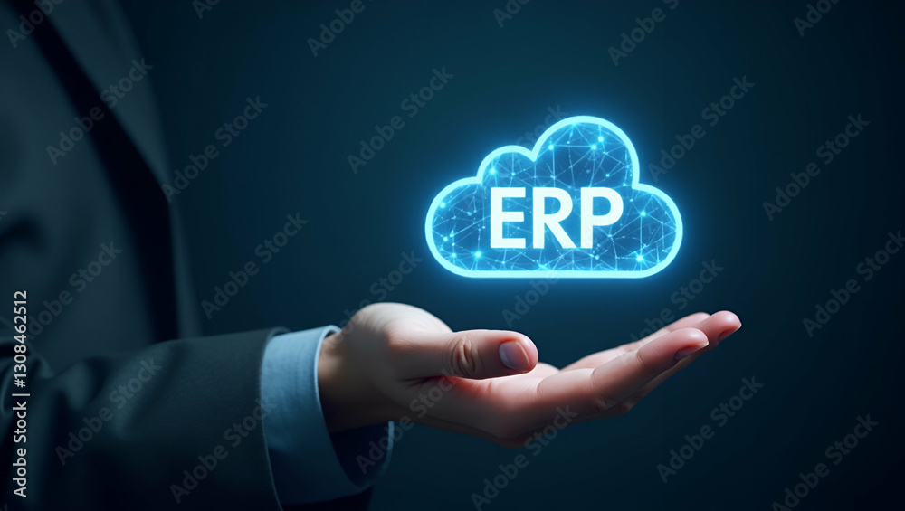 Hand Holding Holographic Cloud Symbol for ERP Software in Minimalist Design Hand Holding Holographic Cloud Symbol for ERP Software in Minimalist Design