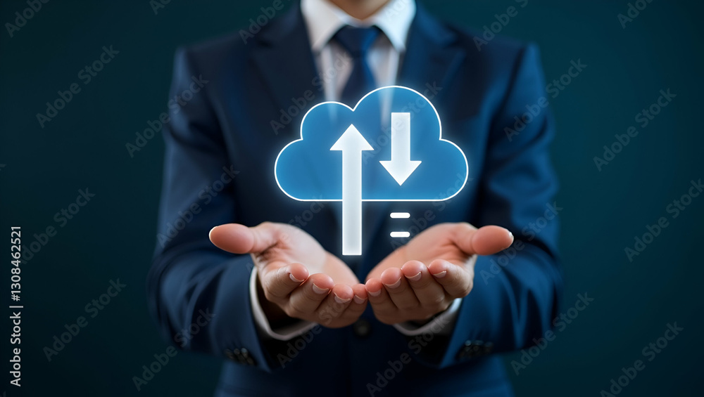 Flat Cloud Technology: A Business Professional's Guide to Managing Data with a Glowing Cloud Icon and Download/Upload Arrows in a Simple, Cute Vector Illustration Flat Cloud Technology: A Business Professional's Guide to Managing Data with a Glowing Cloud Icon and Download/Upload Arrows in a Simple, Cute Vector Illustration