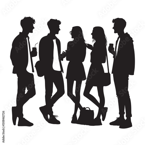 Silhouette of diverse young adults hanging out social gathering illustration