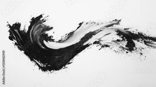 A bold black-and-white abstract composition featuring dynamic strokes and textured contrasts, creating a dramatic and modern visual impact