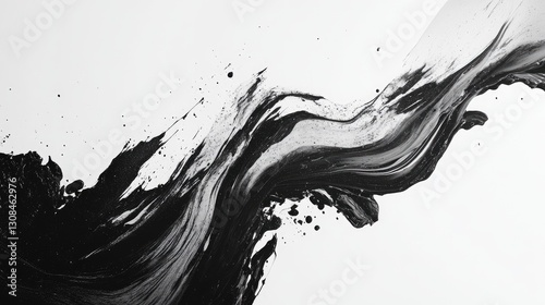 A bold black-and-white abstract composition featuring dynamic strokes and textured contrasts, creating a dramatic and modern visual impact