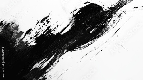 A bold black-and-white abstract composition featuring dynamic strokes and textured contrasts, creating a dramatic and modern visual impact