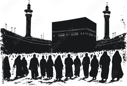 Scene of Muslims performing Hajj in the Kaaba silhouette design vector