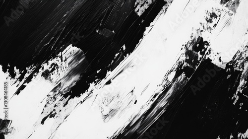 A contemporary abstract in black and white, featuring dynamic brushstrokes, layered textures, and sharp contrasts for visual depth