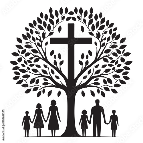 Family tree with cross silhouette representing faith heritage unity