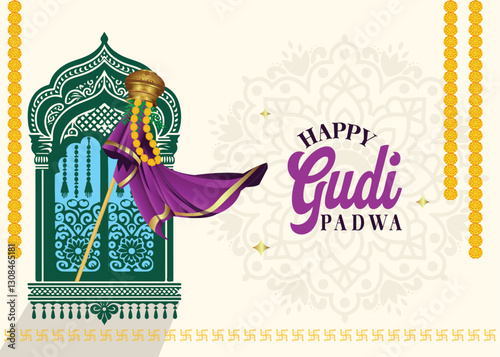 Happy Gudi Padwa. A vibrant abstract vector illustration featuring elegant typography, a traditional kalash, sweets, and a festive garland on a beautifully decorated mandala background of India.