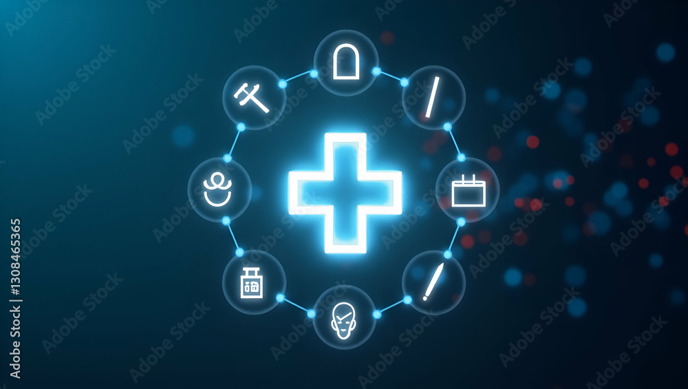 Innovative Healthcare Technology: A Glowing Cross Symbol Surrounded by Digital Health Icons in a Modern Health Interface Concept with Space for Customization Innovative Healthcare Technology: A Glowing Cross Symbol Surrounded by Digital Health Icons in a Modern Health Interface Concept with Space for Customization