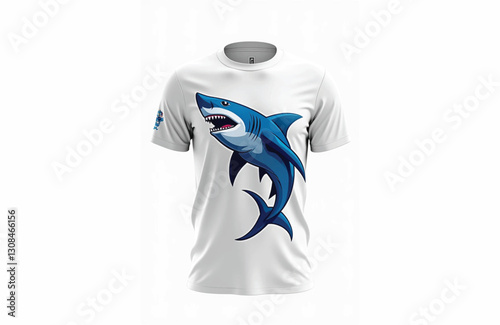 create an interclass t-shirt, with a white base color and a shark mascot, using royal blue as secondary color