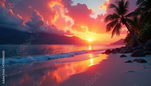 Fiery orange and pink sunset over tranquil tropical beach, distant mountains , peaceful, ocean, beach photography