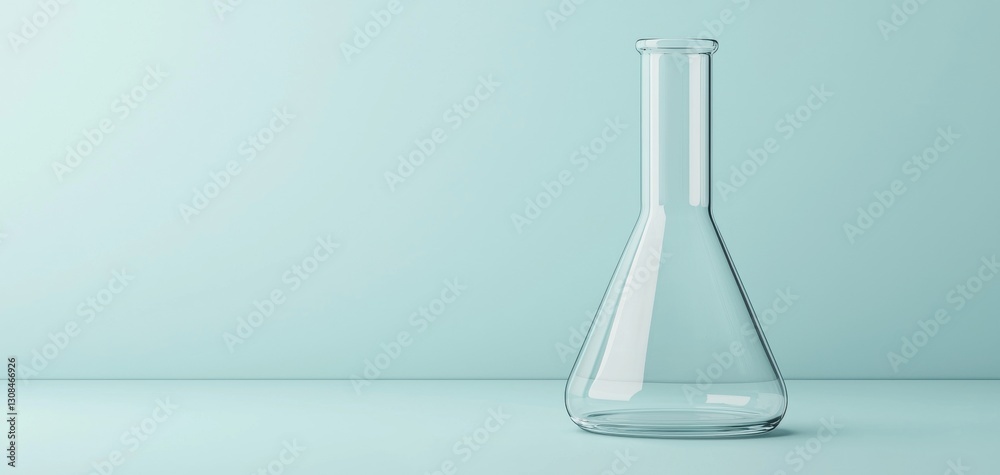 A clear glass laboratory flask sits on a light blue surface, showcasing its simple yet elegant design. A clear glass laboratory flask sits on a light blue surface, showcasing its simple yet elegant design.