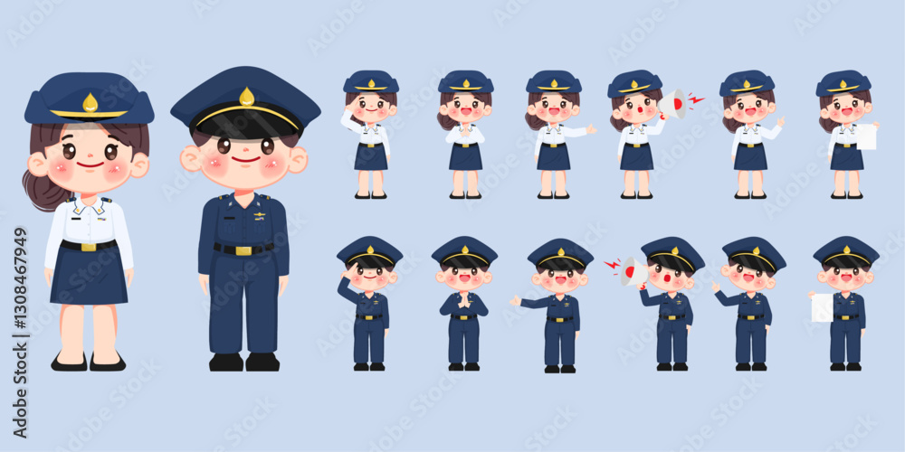 Cute cartoon group of Thai Air force and military officer uniform character. vector premium. Cute cartoon group of Thai Air force and military officer uniform character. vector premium.