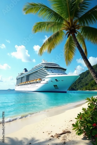 Luxury cruise ship docked near idyllic Caribbean coral beach, palm trees prominent, water, tropical, sun