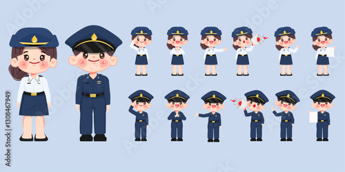 Cute cartoon group of Thai Air force and military officer uniform character. vector premium.	